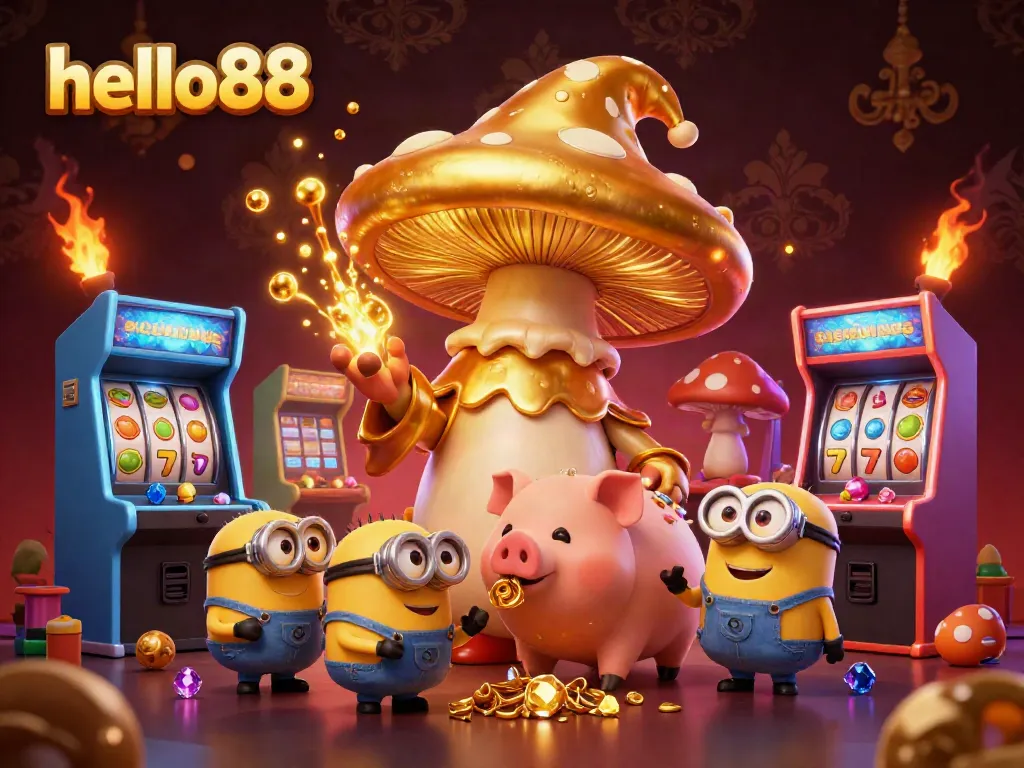 Experience the thrill of hello88 with colorful arcade games, golden characters, and rich casino elements.