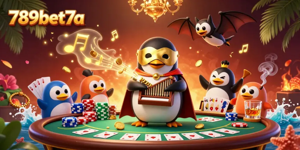 Experience exciting gaming with 789bet7a featuring a penguin playing an organ amid a vibrant casino scene.