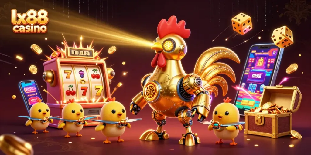 Experience the thrill at lx88 casino with a vibrant 3D illustration of lively game elements.