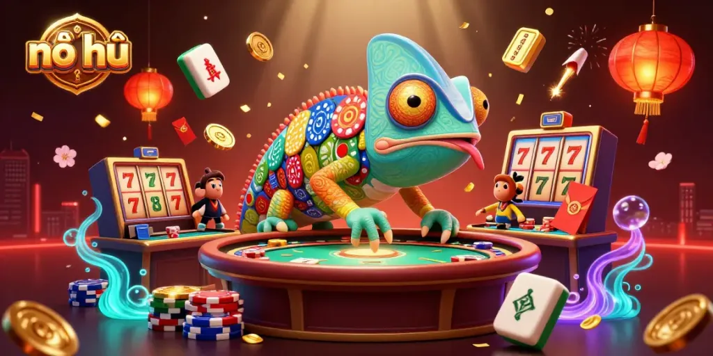 Engage in thrilling nổ hũ action as a chameleon casino owner captures golden coins amid a vibrant gaming scene.