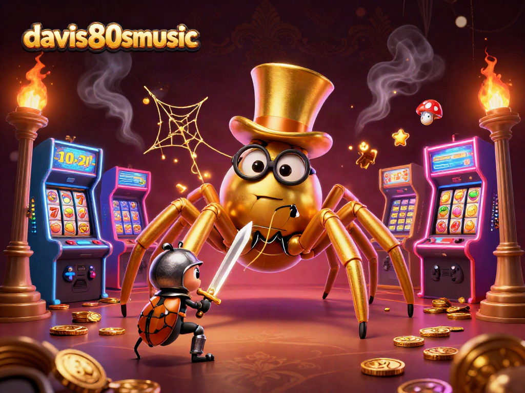 davis80smusic showcases a golden tarantula and beetle knight in an engaging casino scene.