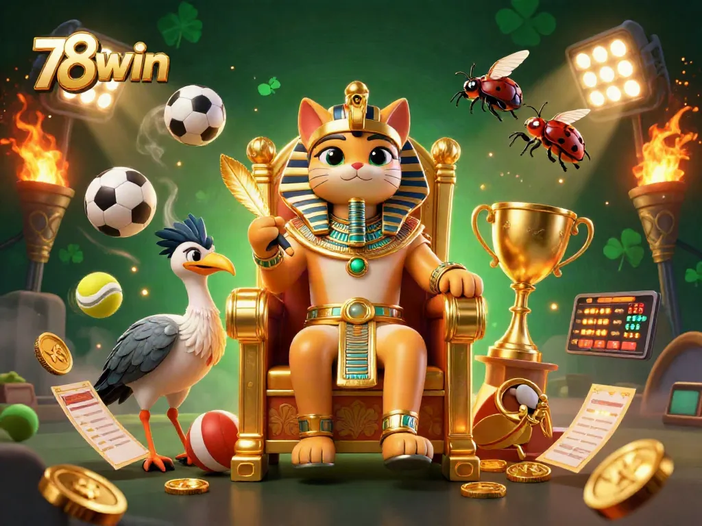 Experience dynamic gameplay with 78win, featuring an Egyptian pharaoh cat and sports elements in a vibrant scene.