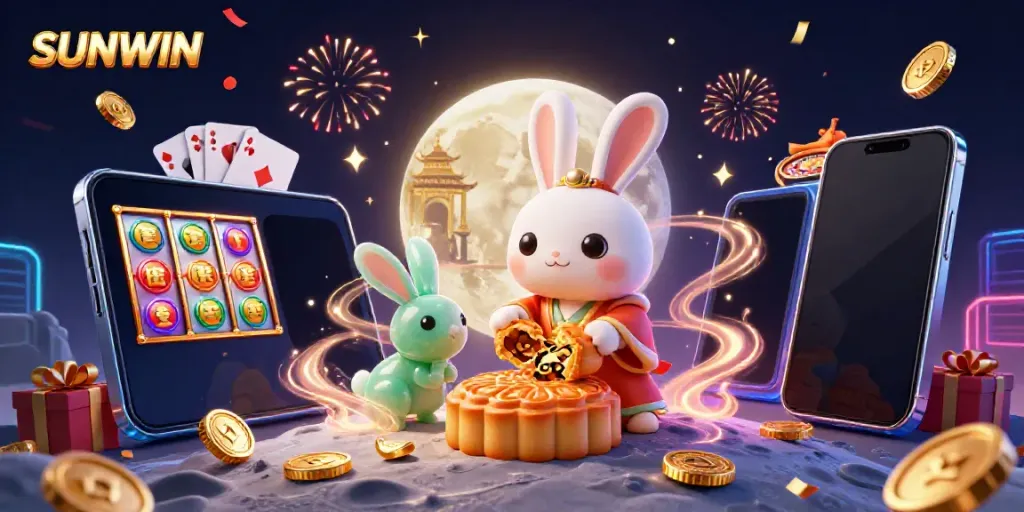 SUNWIN gaming scene with a moon rabbit revealing poker chips, alongside vibrant slot games and casino elements.