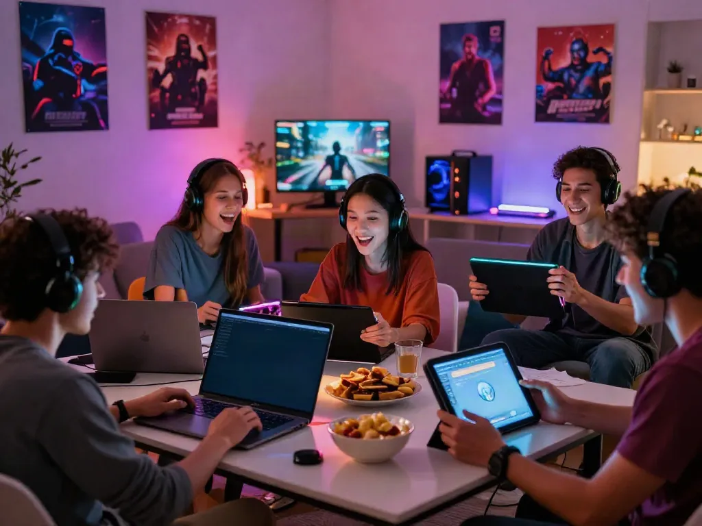 Friends enjoying the exciting gaming experience on kilat404 in a cozy living room.