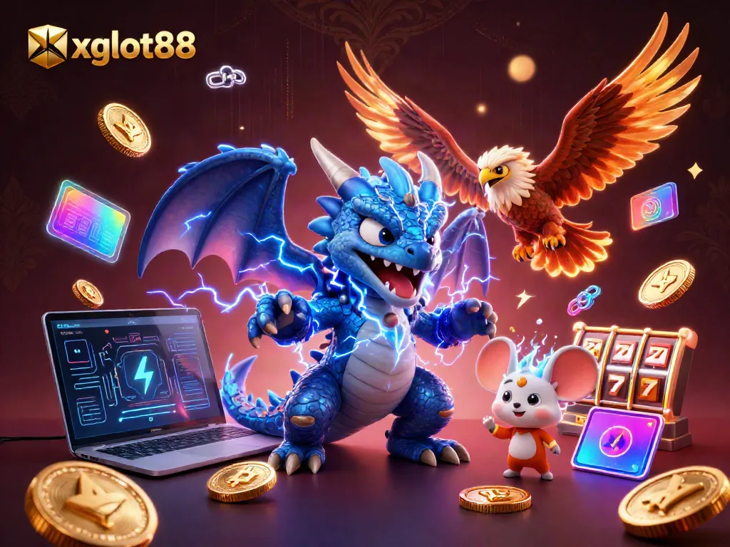 Gambarkan momen bermain slot menang di xgslot88 dengan simbol jackpot mencolok dan karakter fantastis.