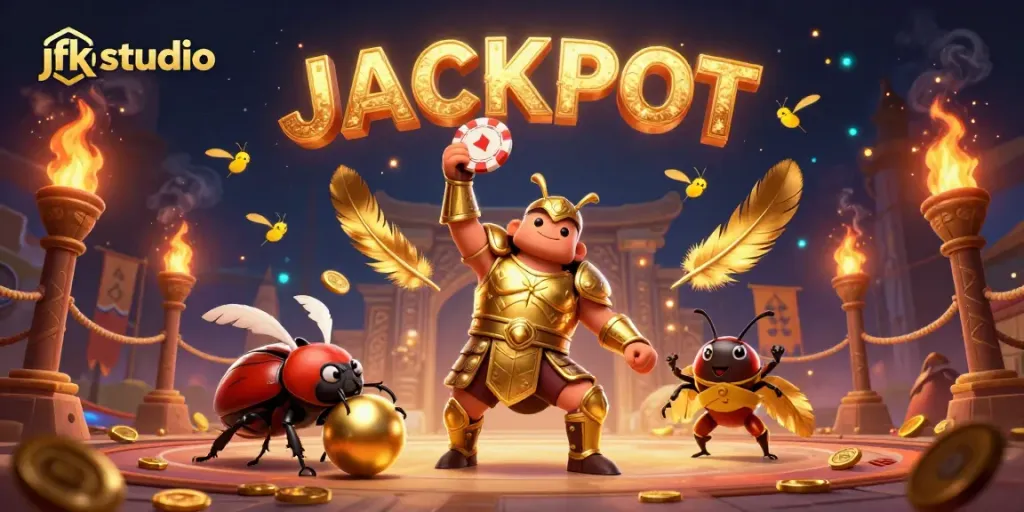 Engage viewers with vibrant jfkstudio illustration of a gladiator beetle celebrating a jackpot win in a rich casino setting.