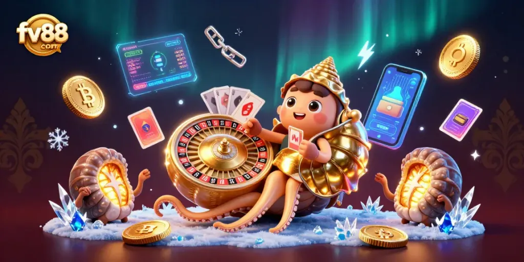 Engage with exciting gaming action at fv88 com featuring a dazzling casino scene with vibrant characters and crypto elements.