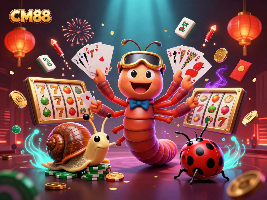 Experience winning thrills with CM88 as a cartoon millipede dealer amidst vibrant casino elements.
