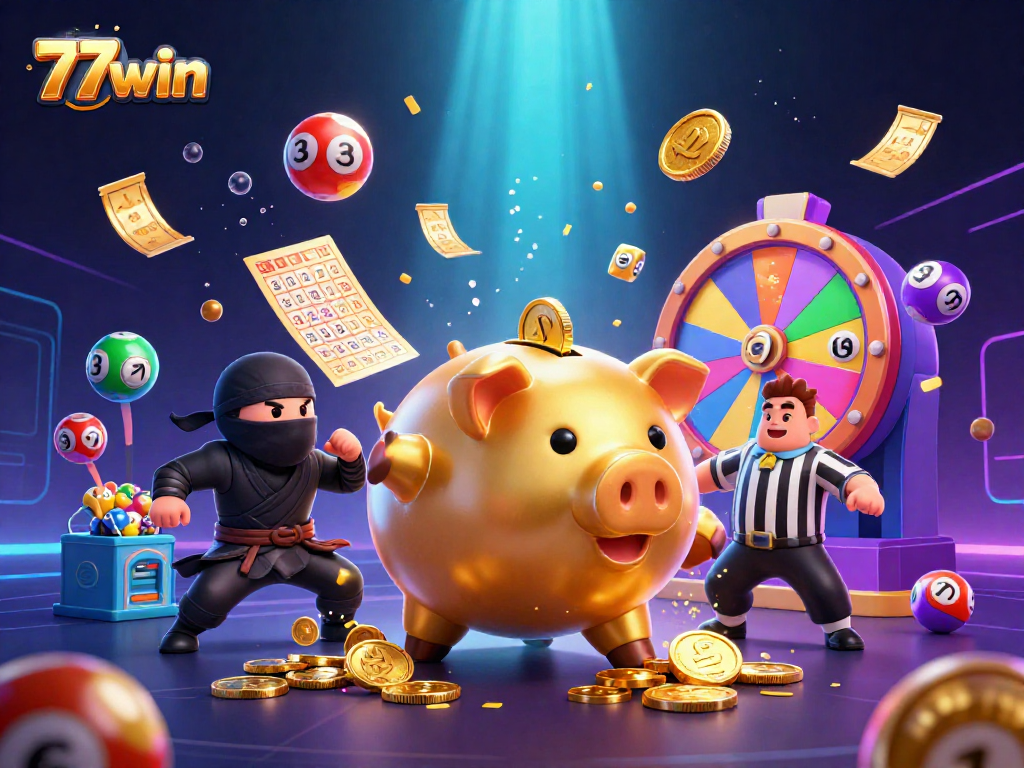 Engage in thrilling gaming experiences with 77win through this vibrant 3D casino illustration.