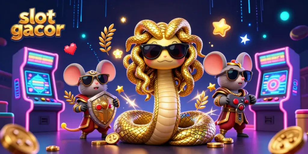 Engage with slot gacor adventures alongside friendly Medusa and a warrior mouse in this vibrant 3D illustration.