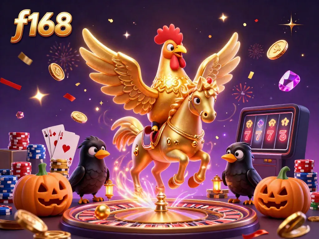 Experience the thrill of f168 with a golden rooster in a midnight casino, surrounded by treasures and excitement.