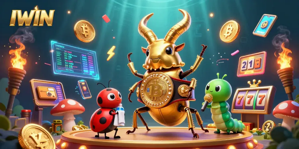 IWIN slots and casino gaming scene with a golden stag beetle boxer and vibrant elements.