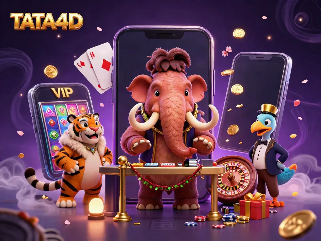 Join the excitement at TATA4D with a vibrant casino scene featuring unique characters and dynamic gaming elements.