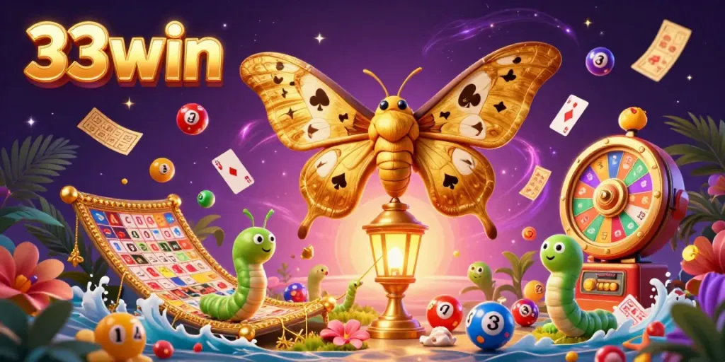 Experience the thrill of 33win with vibrant casino elements and 3D cartoon characters, creating a lively atmosphere.