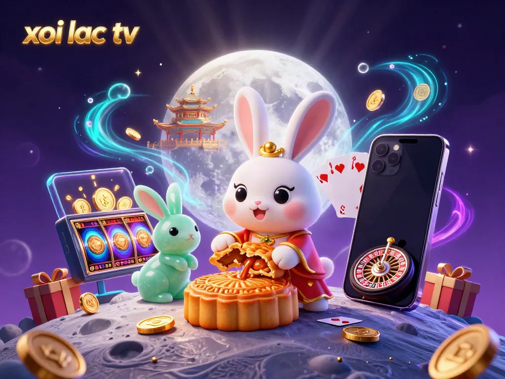 Xoilac TV showcases a vibrant lunar gambling scene with a moon rabbit and casino elements, illustrating immersive gaming.