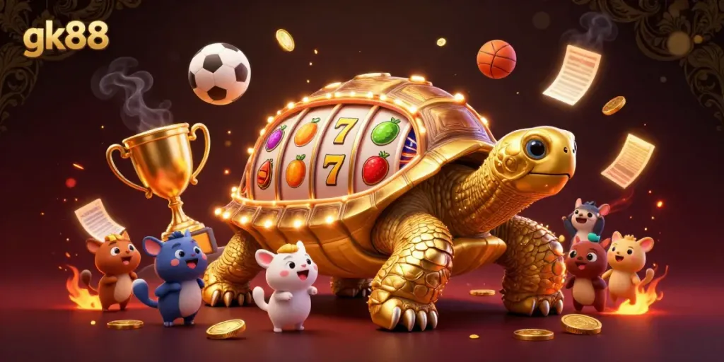 Engage with gk88 as excited animals play a colossal slot machine tortoise surrounded by vibrant game elements.