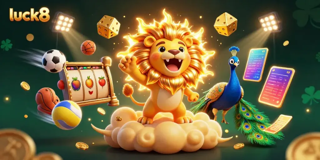 Bet big with luck8 as the golden lion and dice sparkle amidst a dynamic, casino-themed scene.