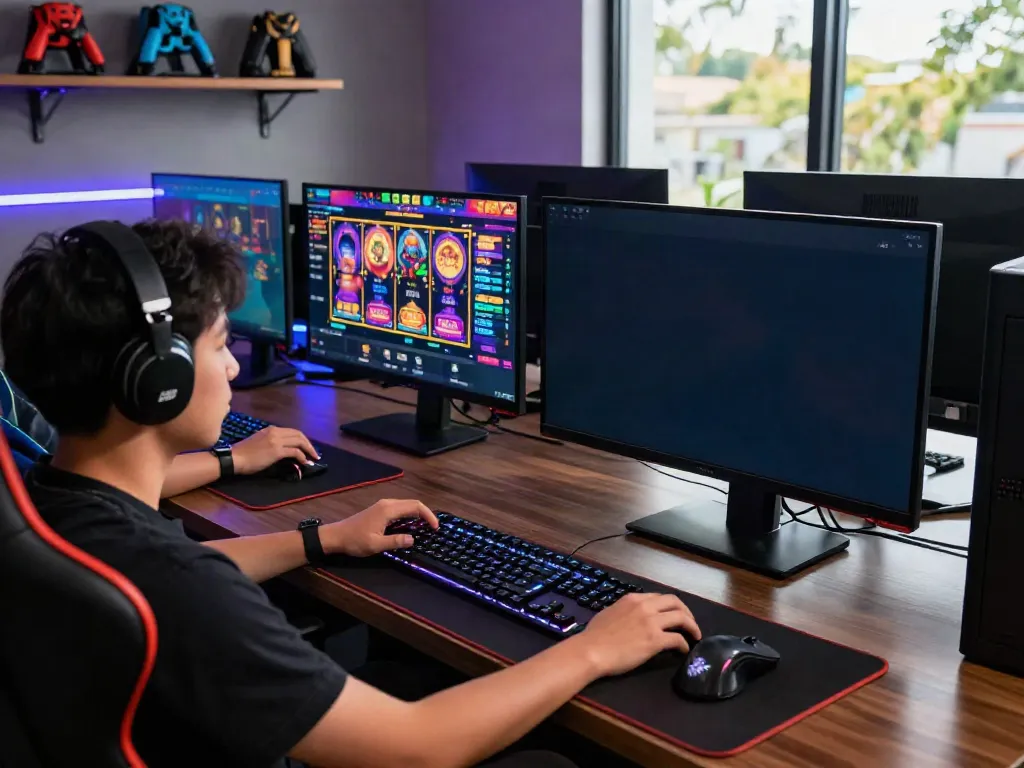 Player immersed in a slot Thailand gaming experience, vibrant graphics on screen, modern gaming setup.