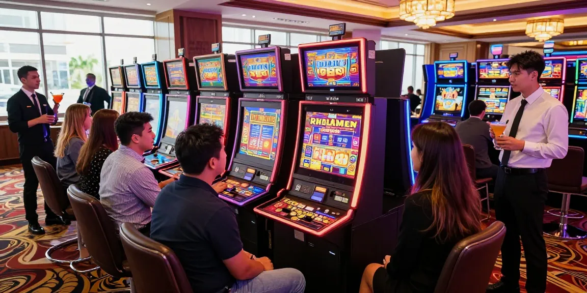 Players enjoying vibrant slot gacor machines in a lively casino atmosphere, capturing excitement and social engagement.
