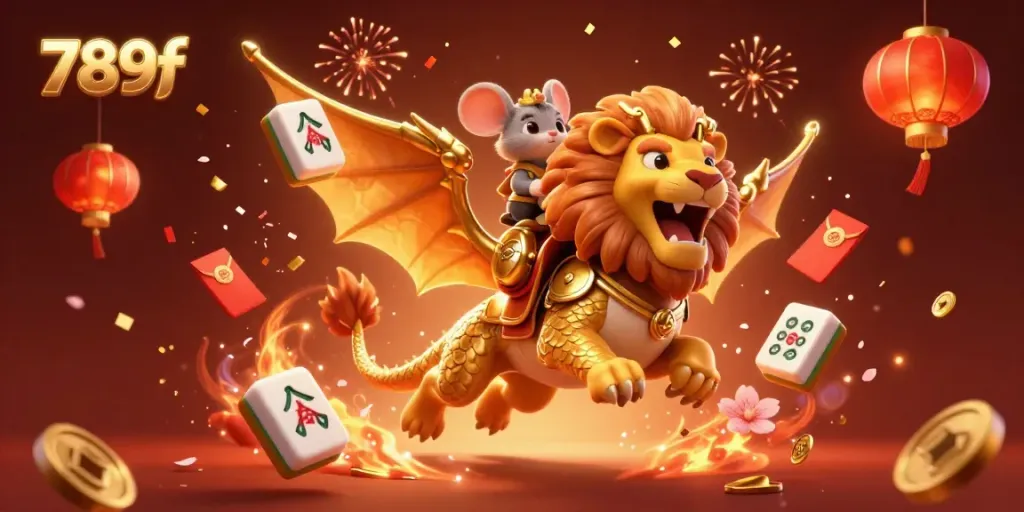 Engage with the exhilarating 789f casino scene as a triumphant chimera roars alongside festive game elements.