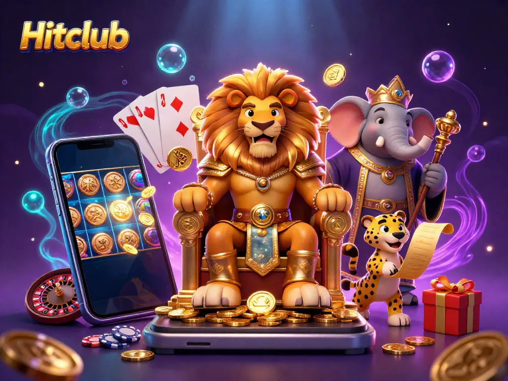 Experience the excitement of Hitclub with dynamic 3D illustrations featuring a lion king surrounded by casino elements.