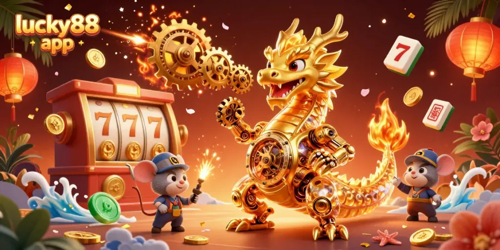 Engage with the lucky88 app in a vibrant 3D casino scene filled with dragons and jackpots.