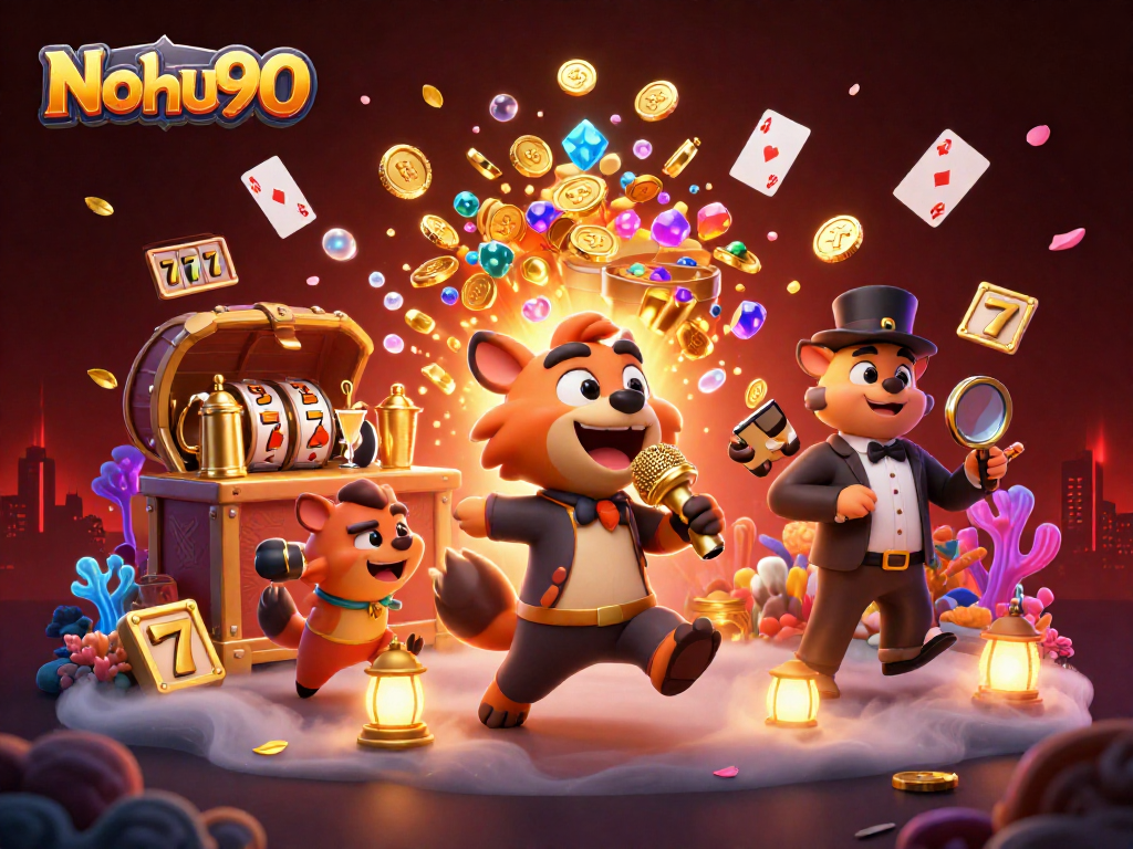 Nohu90 showcases a vibrant casino scene with hyenas engaging in gaming fun, emphasizing laughter and thrills.