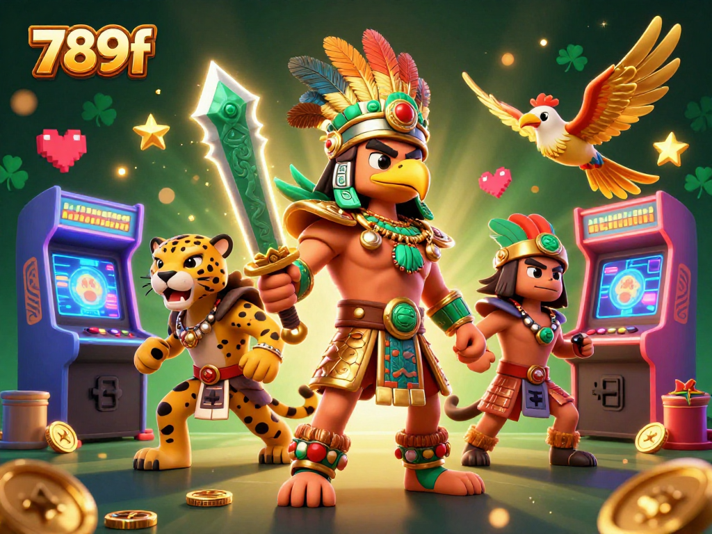 Engage in thrilling gameplay at 789f, featuring vibrant 3D warriors and colorful casino arcade elements.