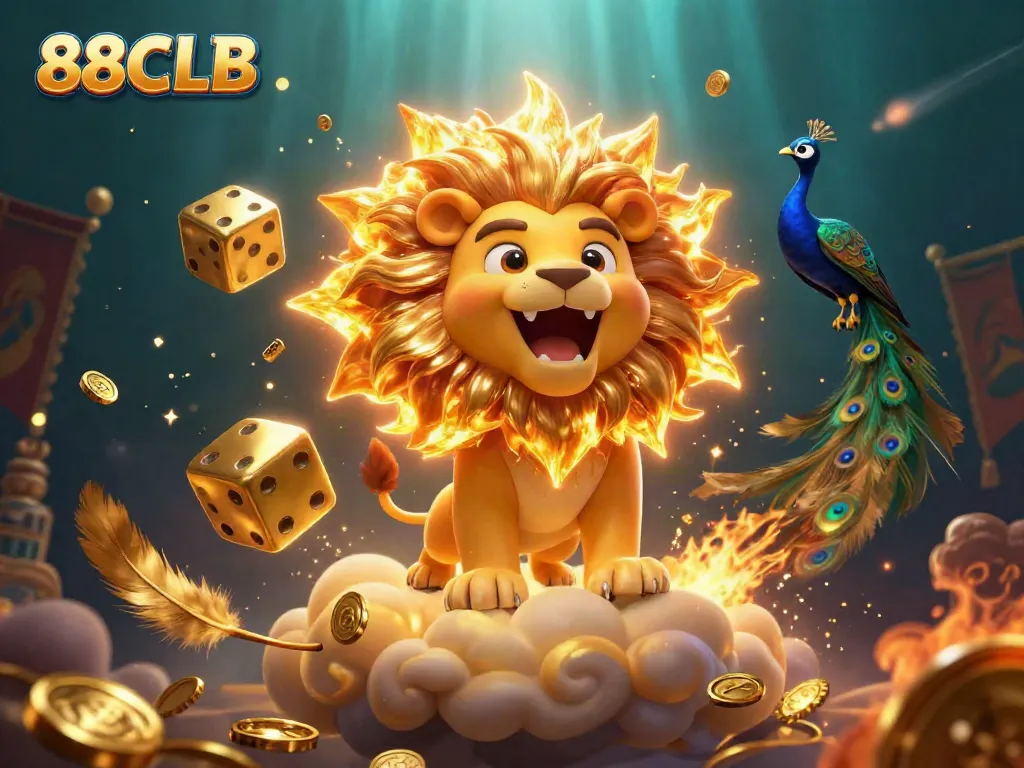 Experience vibrant gaming action at 88CLB with a dynamic 3D casino illustration featuring playful characters amidst swirling golden elements.