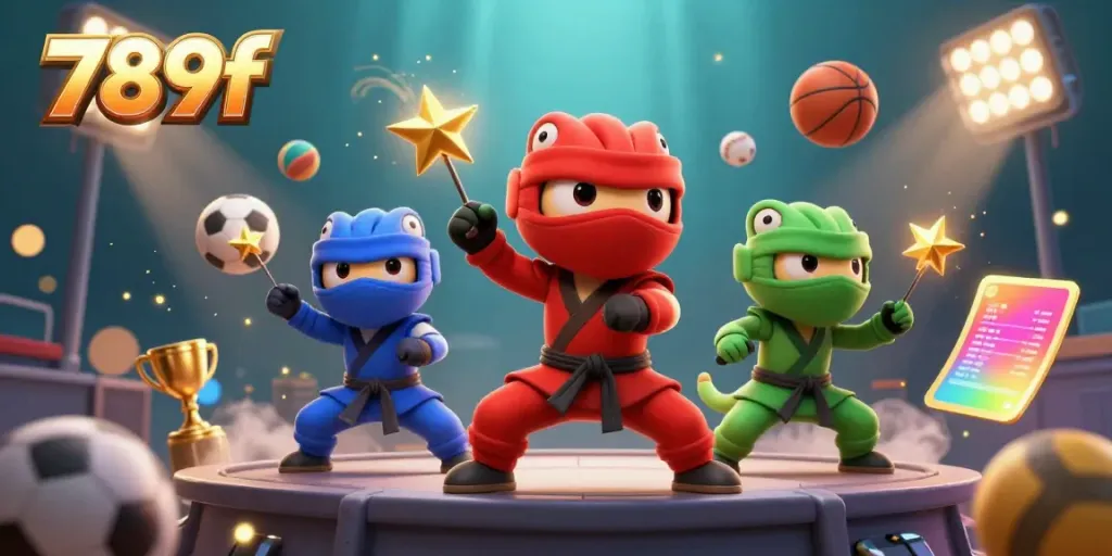 Experience the excitement of 789f with ninja chameleons and dynamic sports elements in a vibrant casino illustration.
