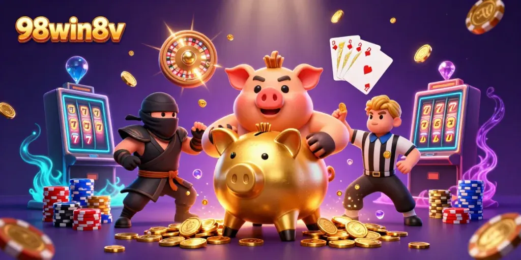 Engage with vibrant 98win8v casino scene featuring animated characters and exciting gambling elements.