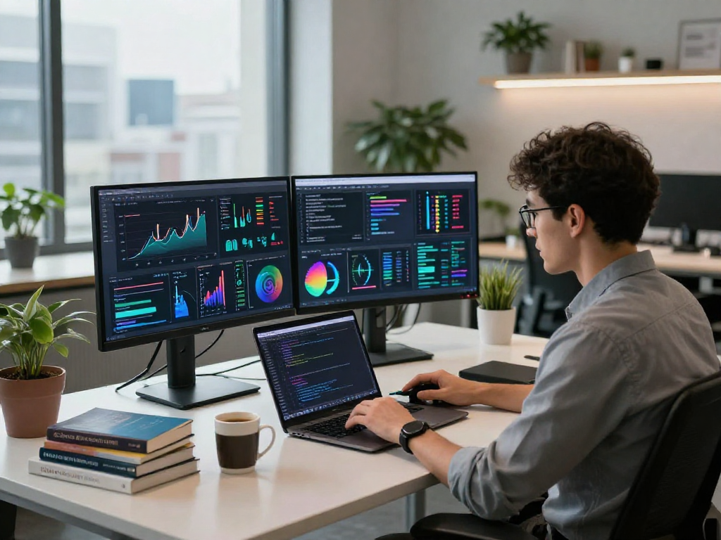 Data scientist analyzing crush ai algorithms in a modern tech workspace.