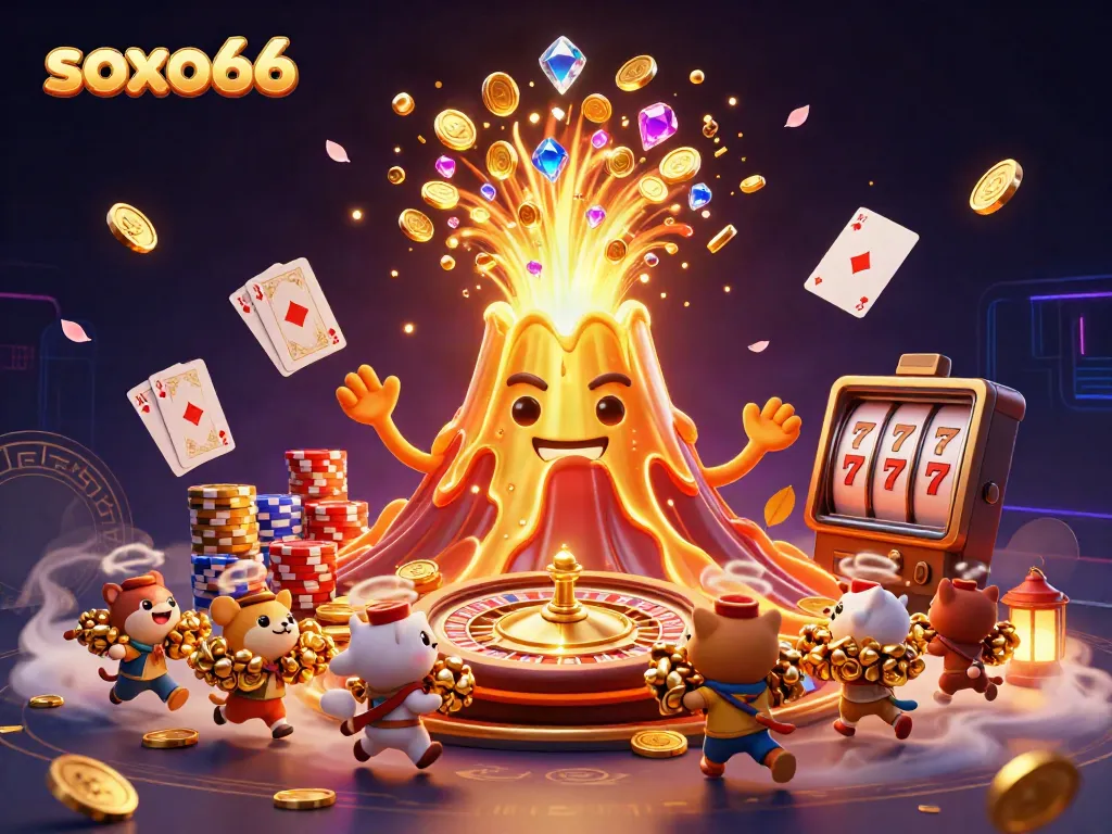 Engage with soxo66's thrilling casino world featuring a gold volcano and cascading treasures.