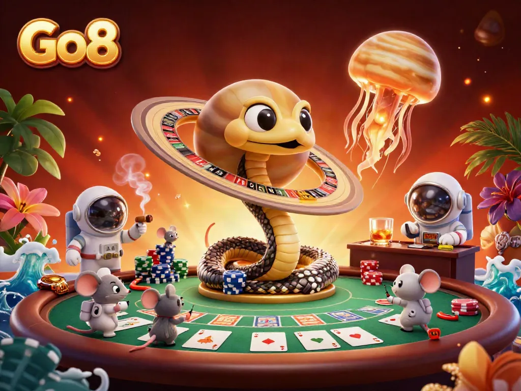 Experience thrilling bets on Go8's roulette-like Saturn rings amidst cosmic gambling fun.