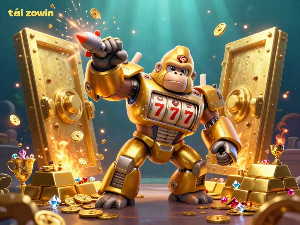 Engage with thrilling slots and jackpot games when you tải zowin, featuring a golden gorilla mech and treasure.