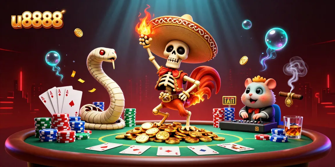 Experience excitement at u8888 with a festive victory dance scene featuring striking characters and gaming elements.