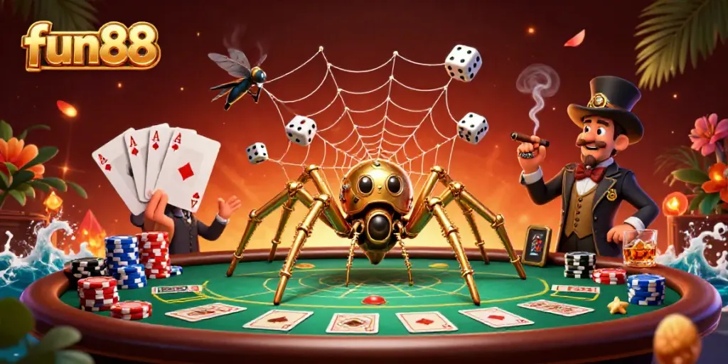 Experience the excitement of fun88 with a vibrant 3D illustration featuring poker, a steampunk spider, and casino elements.