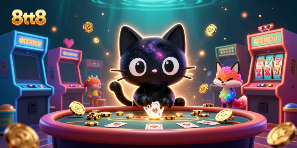 Catch the cosmic energy at the 8tt8-themed casino table, featuring vibrant characters and slots.
