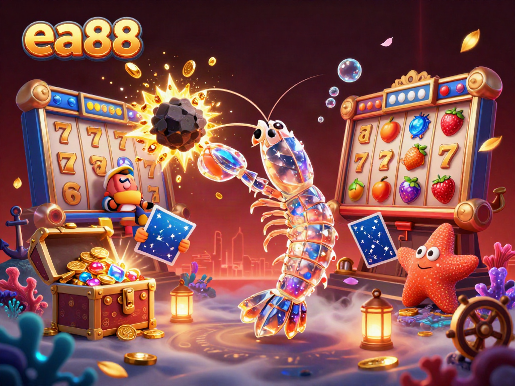 ea88 showcases a galactic mantis shrimp and starfish in a vivid casino scene bursting with treasures.