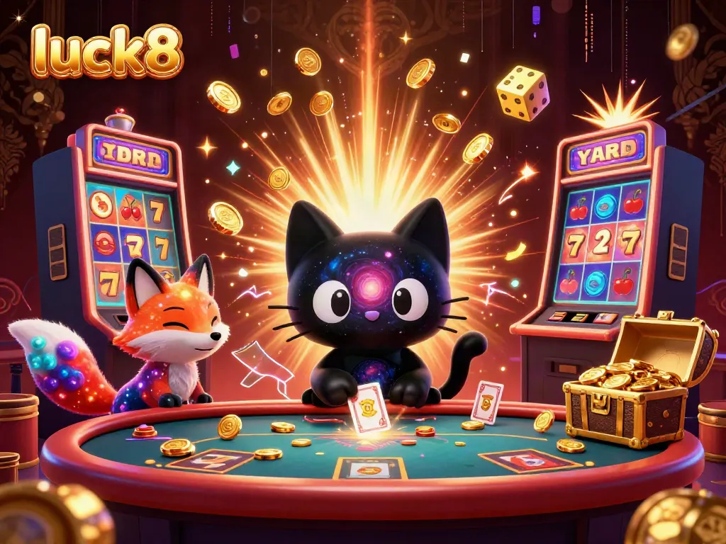 Experience the excitement at luck8 with a cosmic casino scene filled with vibrant characters and thrilling game elements.