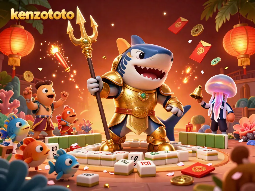 Kenzototo features dynamic 3D game elements in an underwater scene with a gladiator shark, enhancing player excitement.