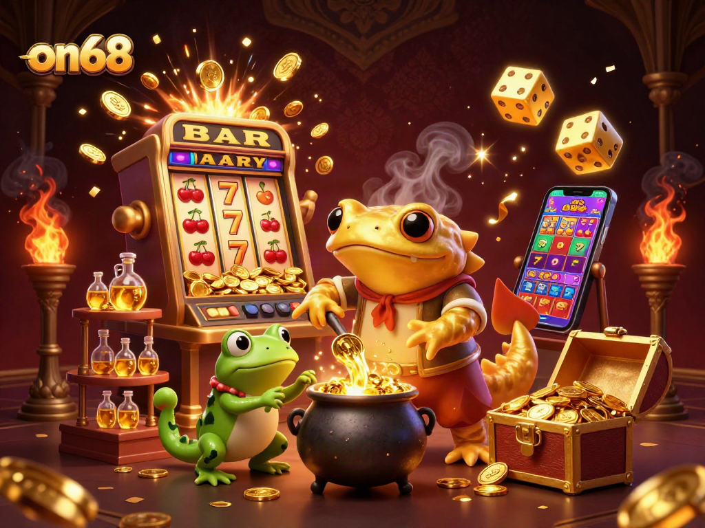 Experience the thrill of on68 with this vibrant 3D digital illustration featuring dynamic casino elements.