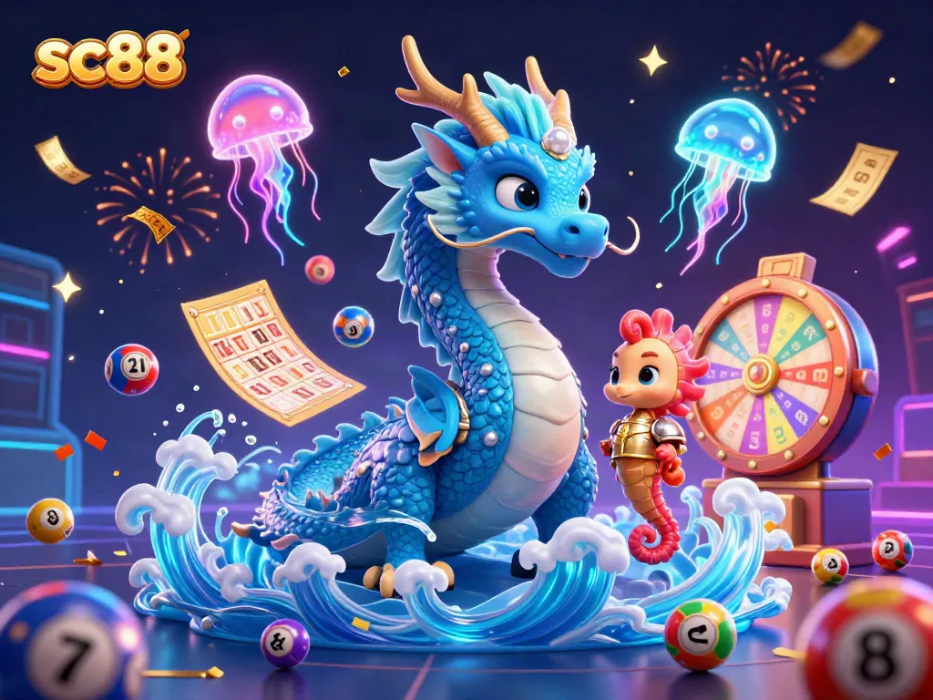 Experience the thrill of sc88 with a vibrant casino-themed illustration of a dragon and jellyfish among lottery elements.