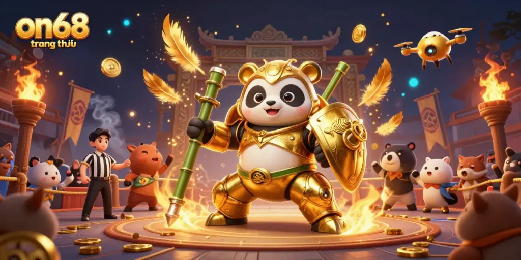 Experience thrilling action at on68 trang chủ, featuring a mech-suit panda in exciting casino arena.