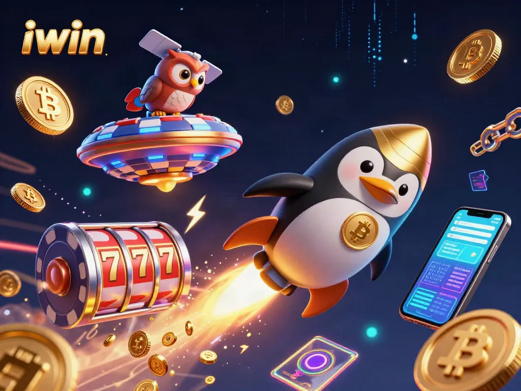 Play thrilling iwin casino games with a vibrant 3D golden penguin and a poker chip station.