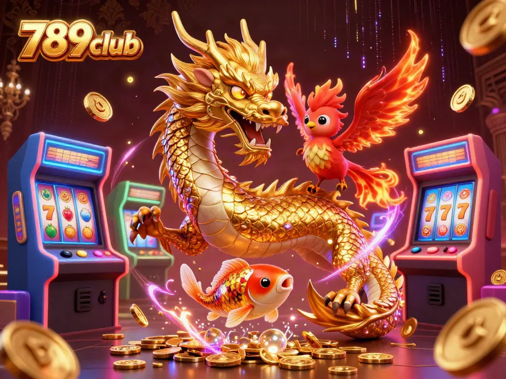 Engage with thrilling action at 789club through a vibrant 3D casino scene featuring a golden dragon and fiery phoenix.