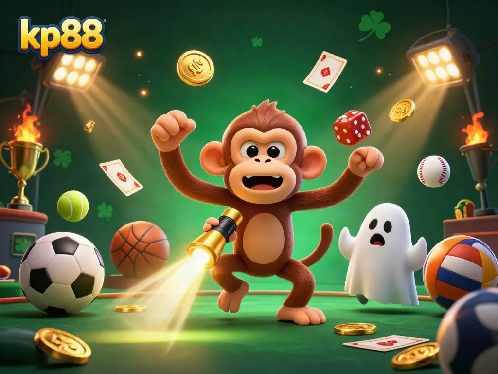 Experience the thrilling kp88 casino atmosphere with a playful poltergeist monkey and ghost-hunter puppy.