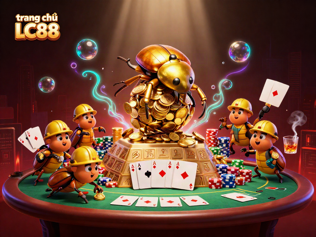 Experience the excitement of trang chủ LC88 with a vibrant 3D casino scene featuring golden beetles rolling coins.