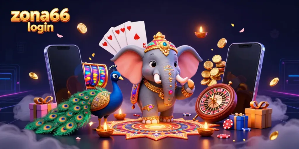 Engage with the zona66 login 3D gaming scene featuring bright slot games and a vibrant elephant companion.