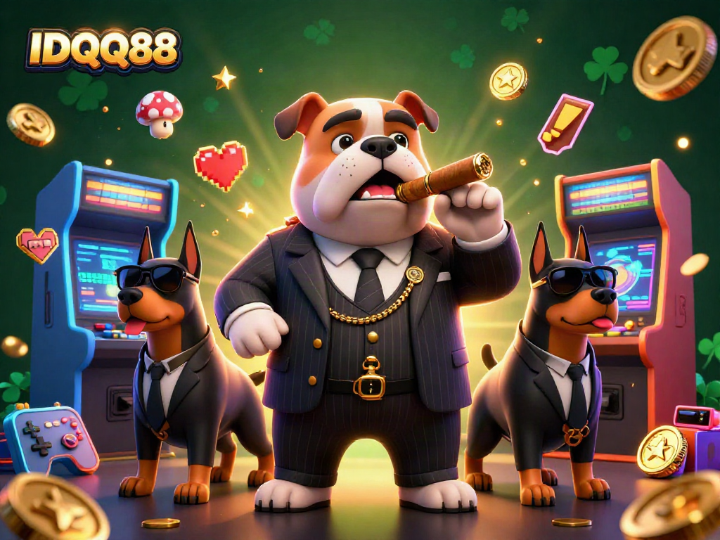 Experience the thrill of IDQQ88 with vibrant 3D casino action featuring a mafia boss bulldog.